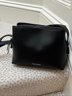 Calvin Klein Black Leather Shoulder Bag with Silver Hardware